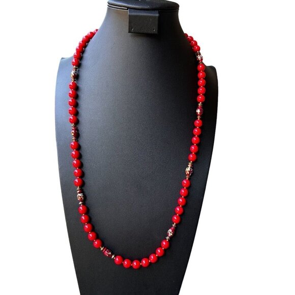Fashion‎ Necklace Red Glass Millefiori Venetian Metal Spacer Beads Floral 31" - Picture 1 of 9